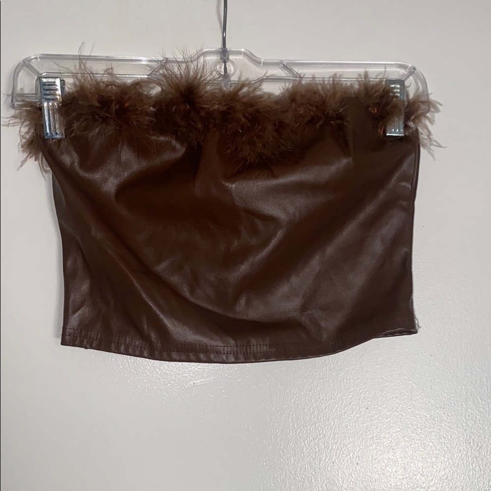 SHEIN Brown Faux Leather Top with Feather Detail
